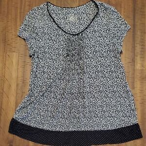 EUC George Women's Black and White Floral Short Sleeve Blouse - Size L